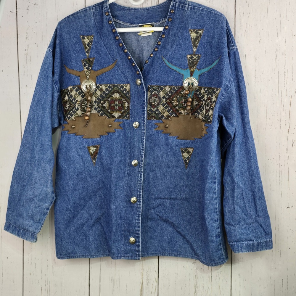 Designs Limited Denim Women‎ L/XL Aztec Southwestern Cowgirl Jean Jacket Vintage